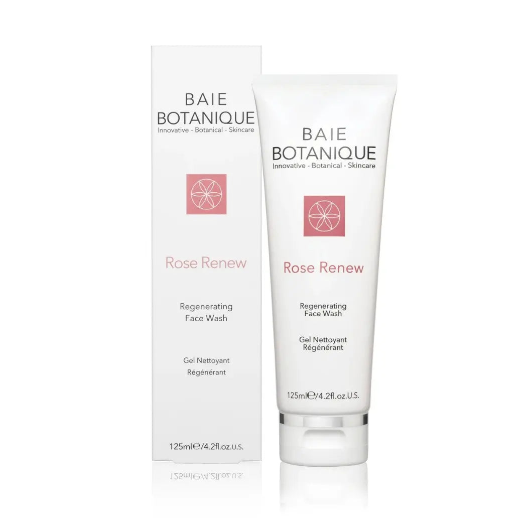 Baie Botanique regenerating rose face wash packaging with product tube and box on white background