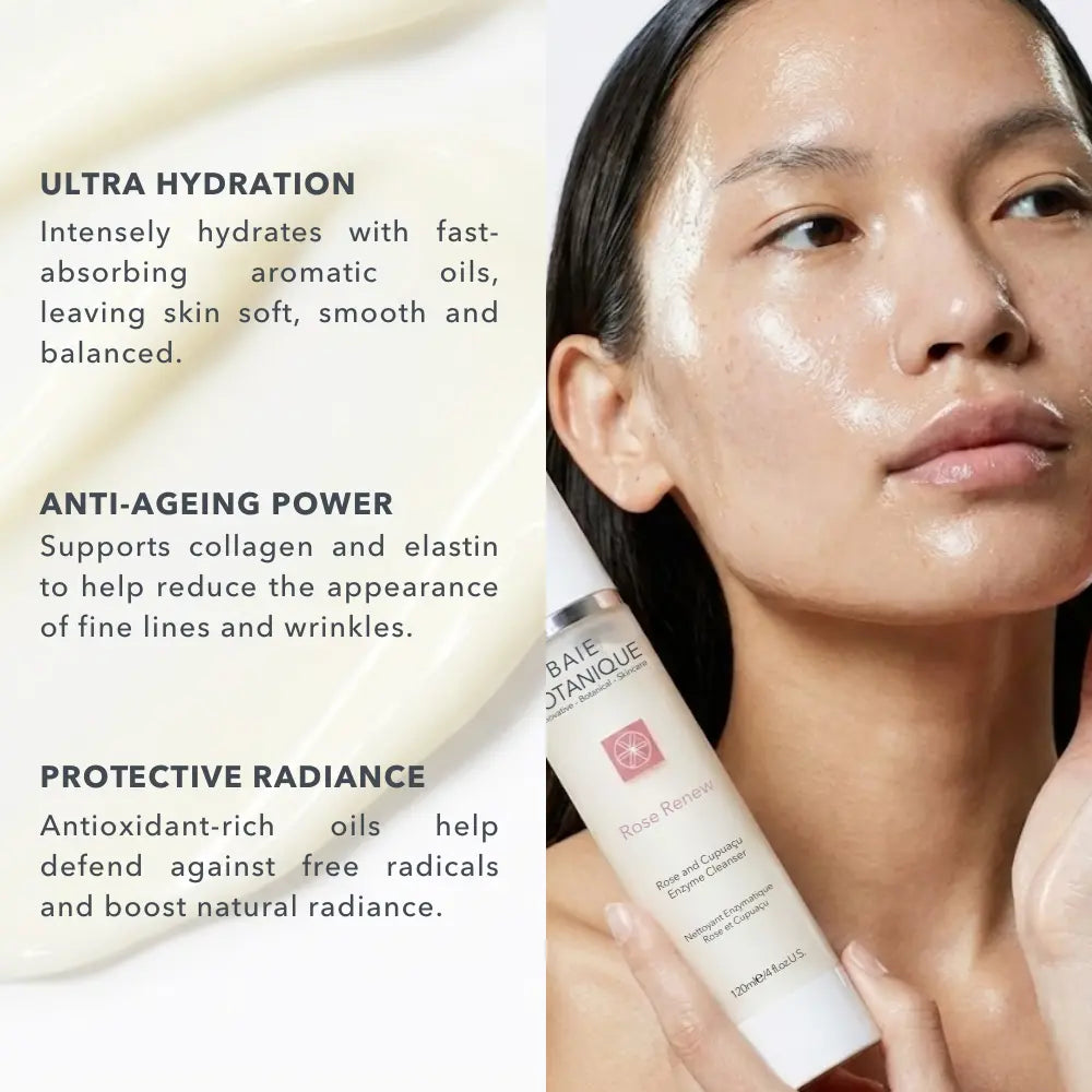 Model applying Rose + Cupuaçu Enzyme Cleanser, highlighting hydration, gentle enzymatic exfoliation and naturally radiant skin