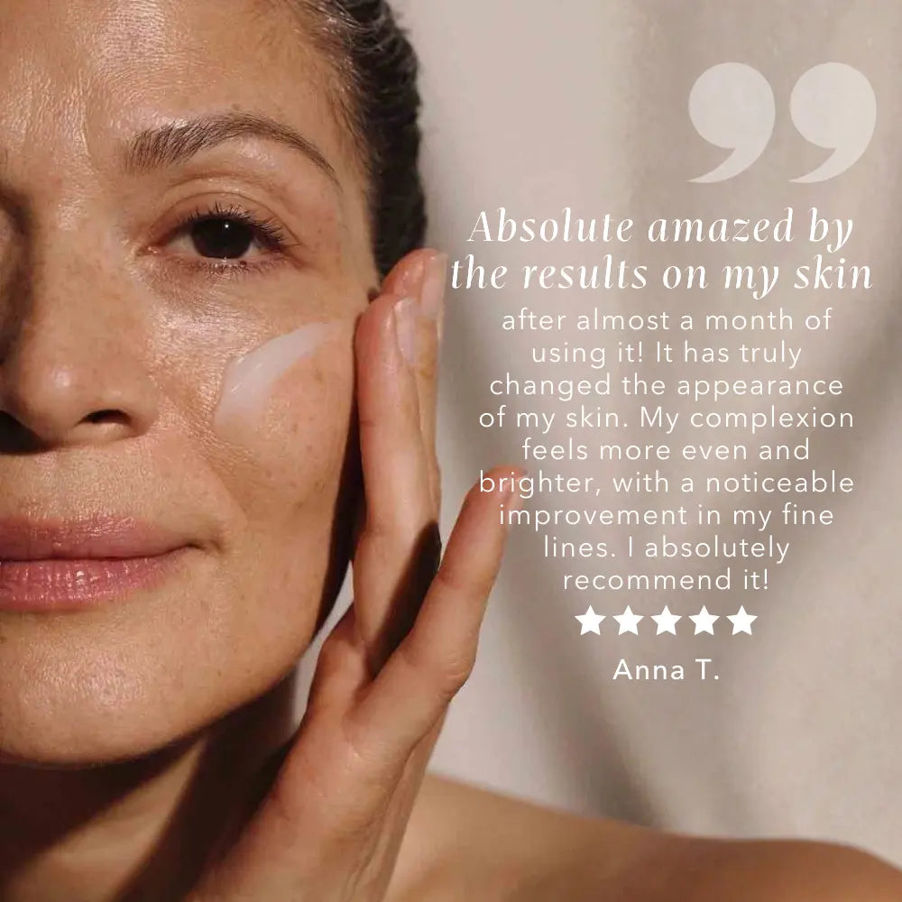 Model applying a rose hyaluronic acid anti-ageing serum to face, showcasing smoother and more radiant skin