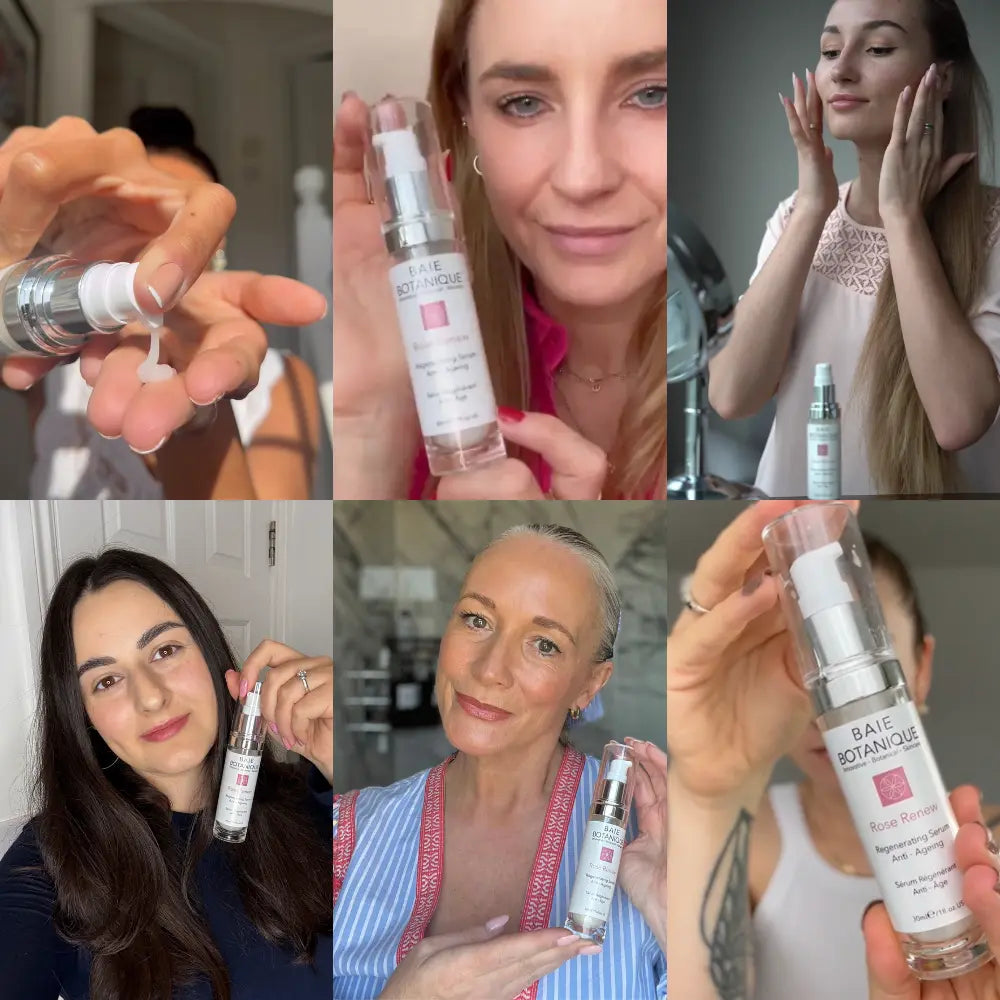 Real customers holding a rose hyaluronic acid anti-ageing serum, showcasing authentic skincare results
