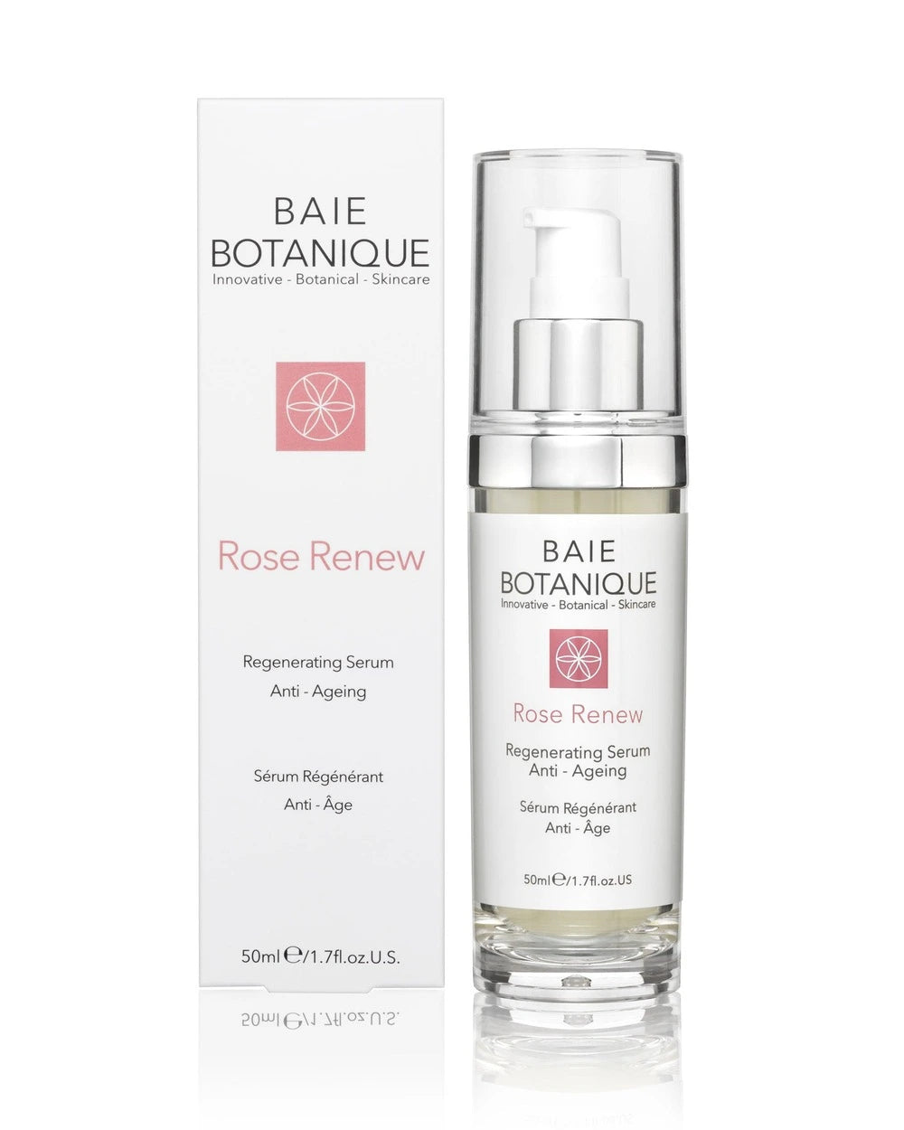 A rose hyaluronic acid anti-ageing serum 30ml bottle with packaging on a clean white background