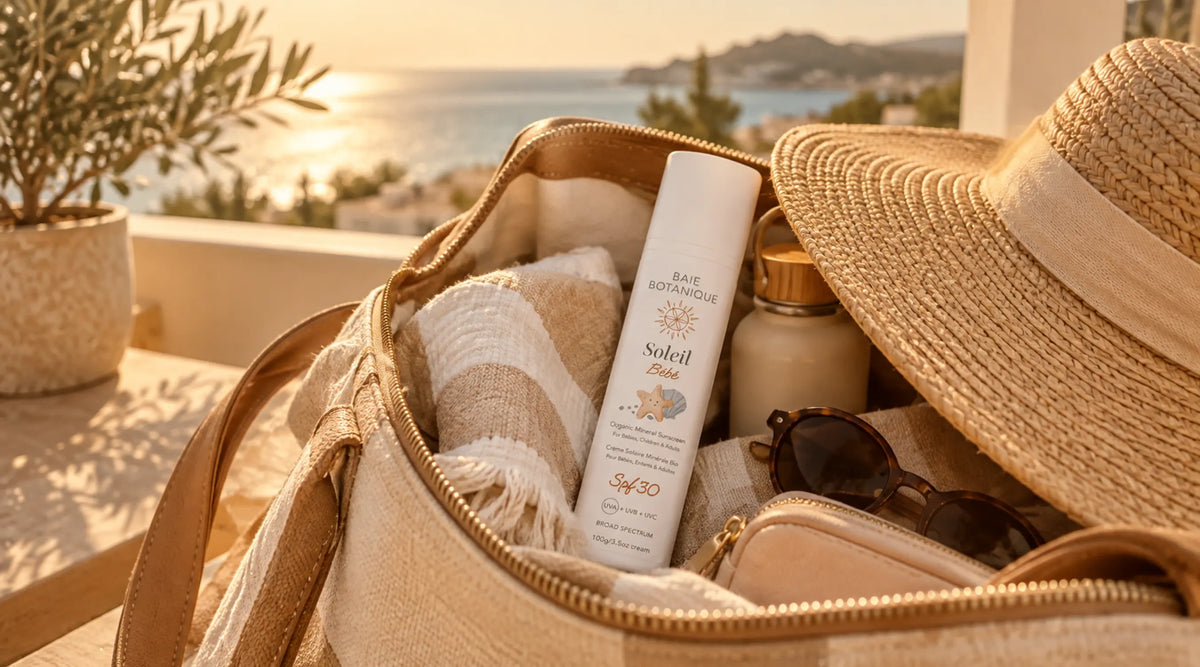 A half-open travel bag in warm autumn light with Baie Botanique Baby SPF 30 visible alongside a children's sun hat and small towel.