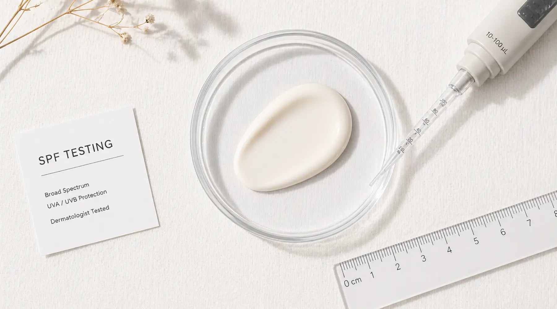 An overhead shot of a cosmetic product testing scene. A creamy lotion dollop is in a glass petri dish.