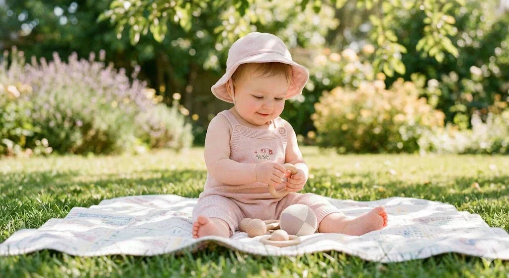 baby with calm, soft skin playing outdoors in sunlight