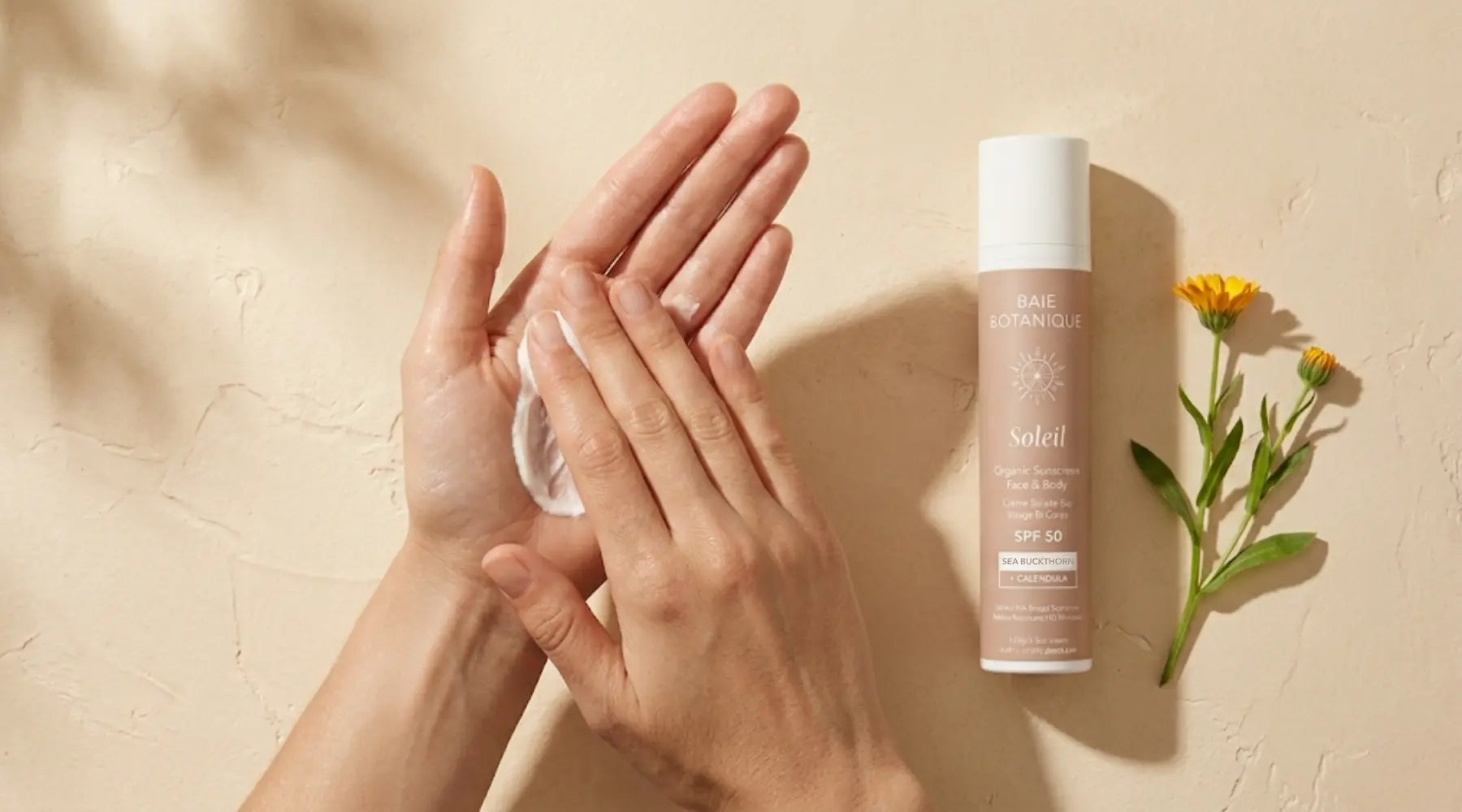 Hands gently warming Baie Botanique Soleil mineral sunscreen between fingers in warm natural light, with botanical leaves softly blurred in the background.