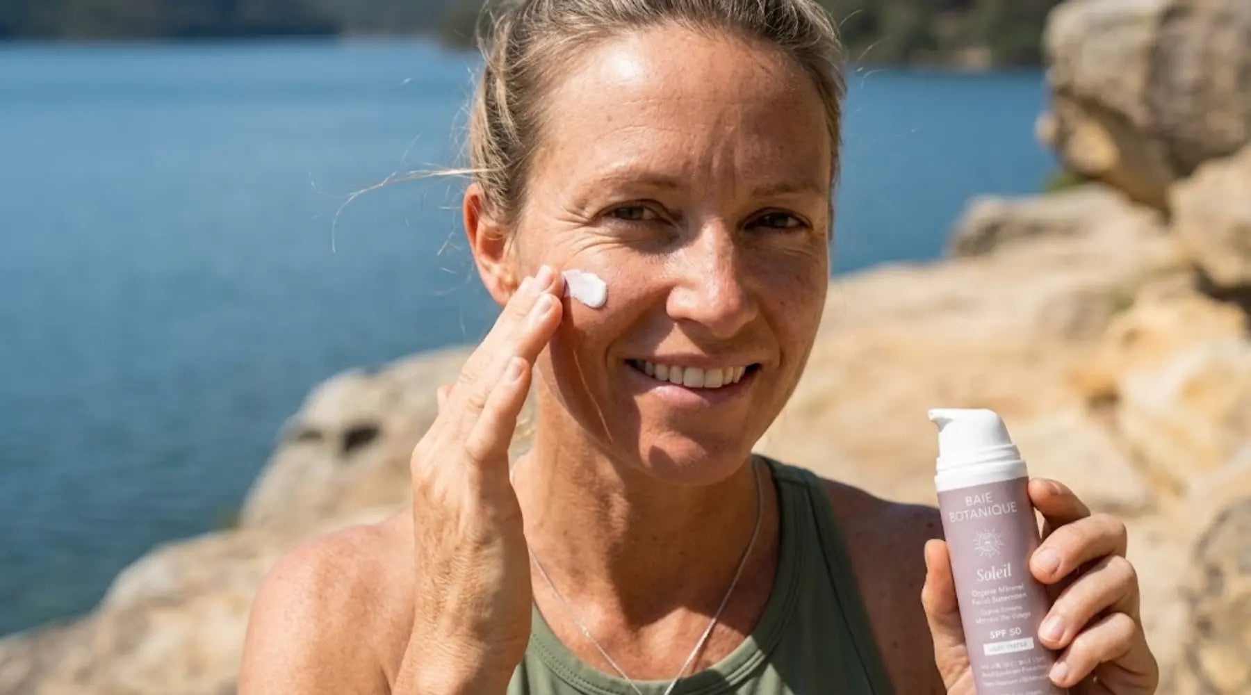 Person outdoors in bright sunlight, active setting, applying mineral facial sunscreen