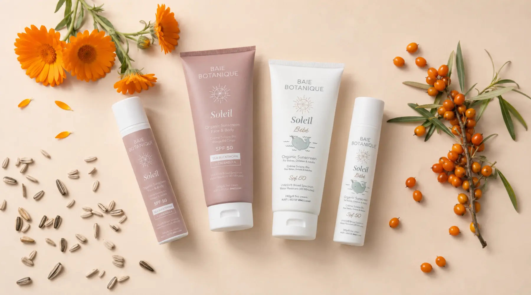 Soleil SPF product flat-lay on warm off-white surface with botanical ingredients, top-down editorial view