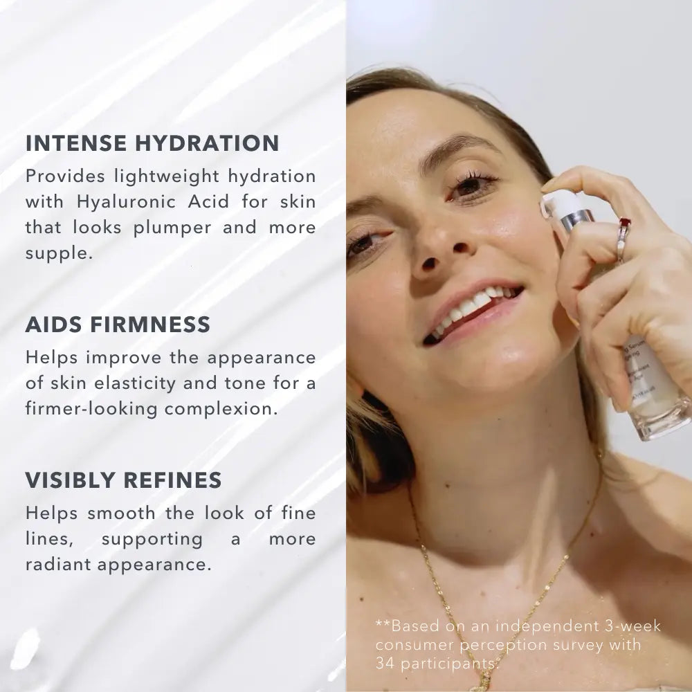Woman applying a rose hyaluronic acid anti-ageing serum with dropper, promoting hydration, firmness, and skin refinement