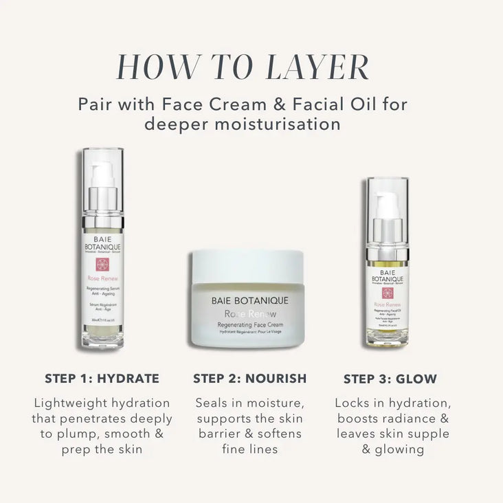 How to layer skincare using a rose hyaluronic acid anti-ageing serum with face cream and facial oil