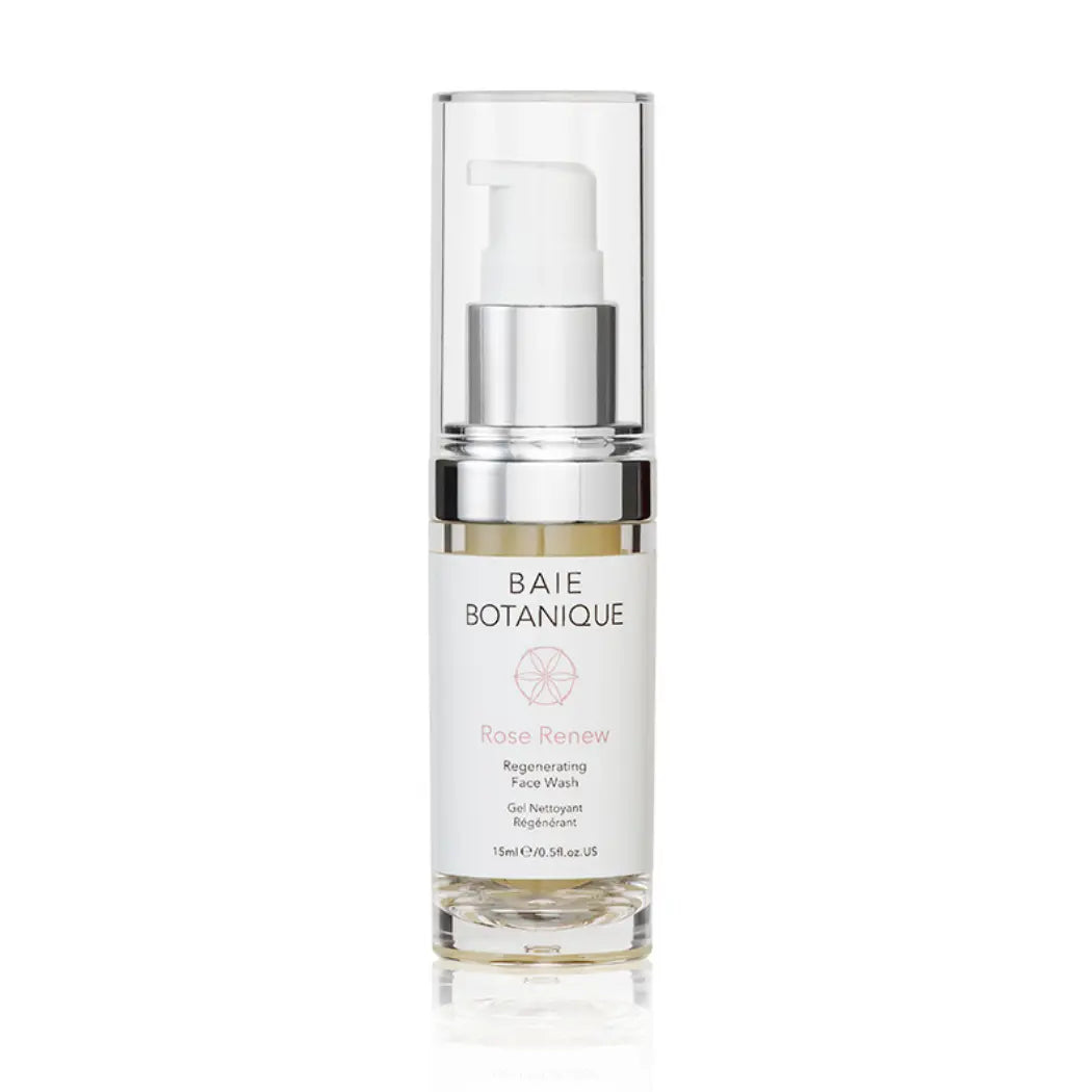 Baie Botanique regenerating rose face wash 15ml travel size bottle on white background
