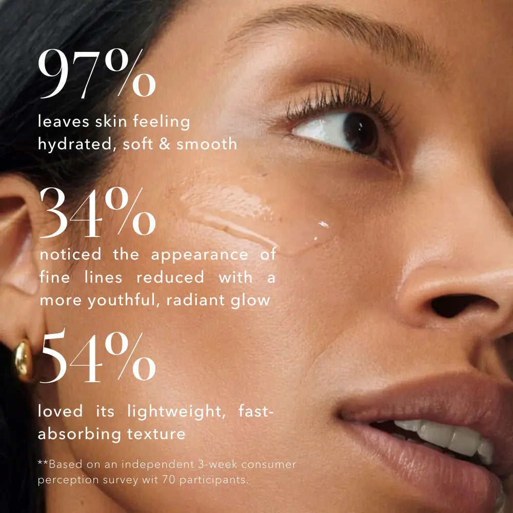 Close-up of glowing skin after using a rose hyaluronic acid anti-ageing serum, showing improved hydration and radiance