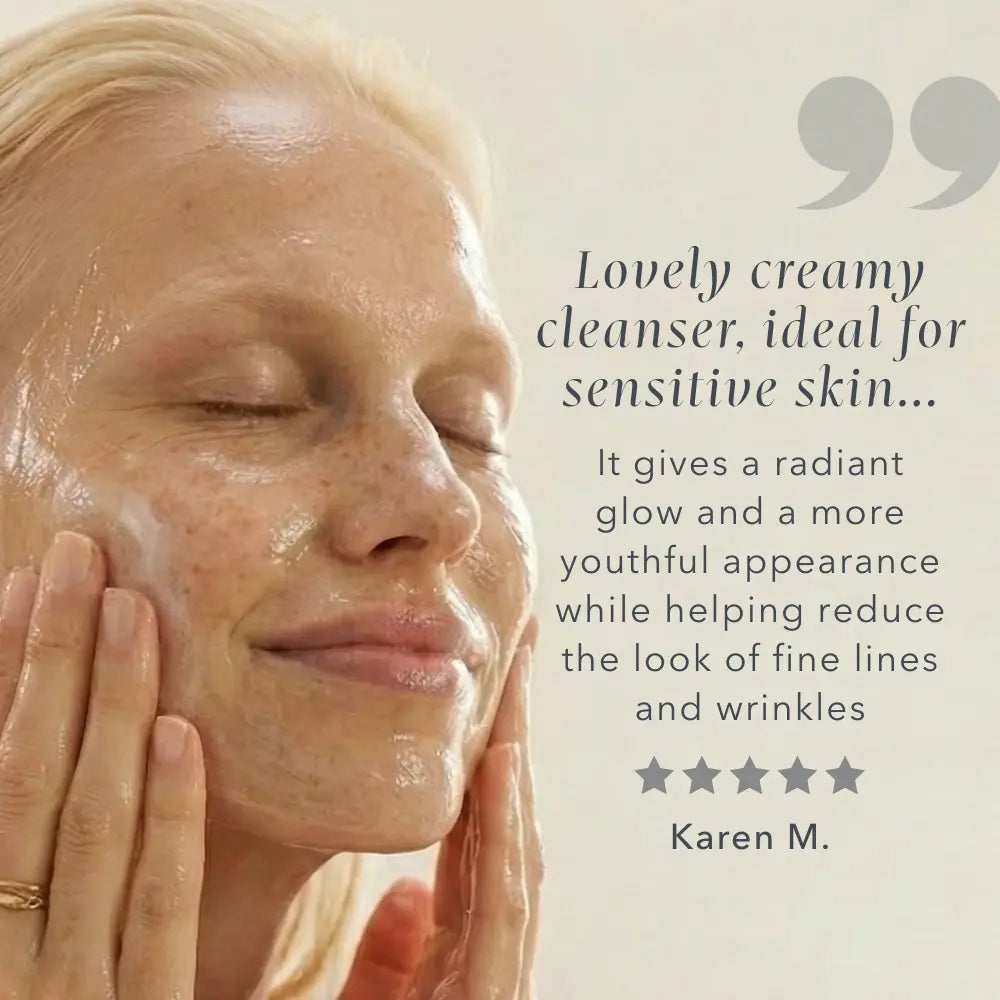 Customer review image showing application of Rose + Cupuaçu Enzyme Cleanser on sensitive skin with visible glow and softness