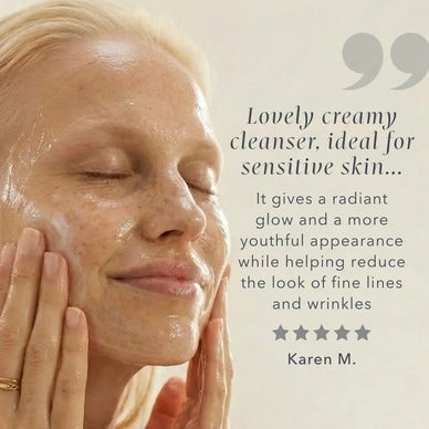 Customer review image showing application of Rose + Cupuaçu Enzyme Cleanser on sensitive skin with visible glow and softness