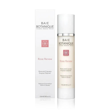 Rose + Cupuaçu Enzyme Cleanser bottle and box, a gentle enzymatic facial cleanser for deep cleansing and hydrated skin