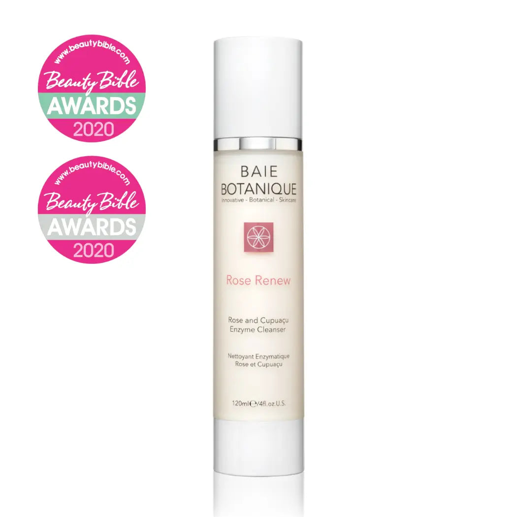Rose + Cupuaçu Enzyme Cleanser bottle and awards, a gentle enzymatic facial cleanser for deep cleansing and hydrated skin
