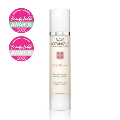 Rose + Cupuaçu Enzyme Cleanser bottle and awards, a gentle enzymatic facial cleanser for deep cleansing and hydrated skin