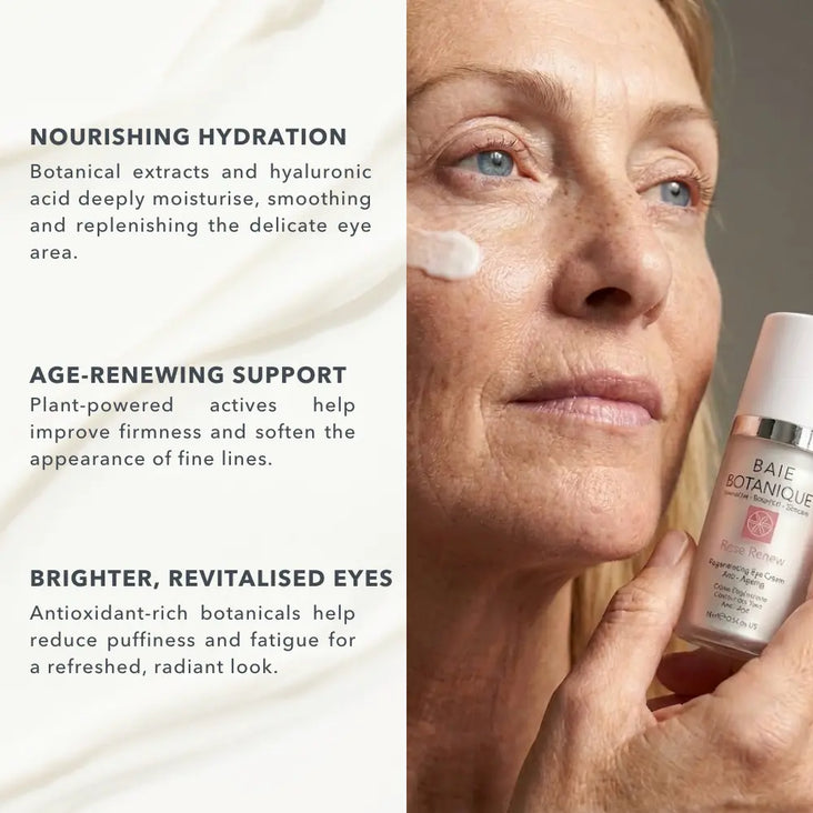 Eye cream benefits highlighting hydration, smoothing and brightening for the delicate eye area with Baie Botanique regenerating rose eye cream