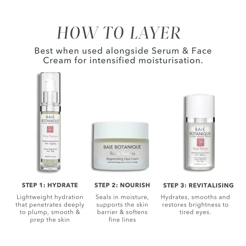 How to layer Baie Botanique eye cream with face serum and face cream as part of a complete skincare routine