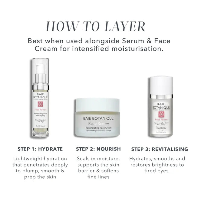 How to layer Baie Botanique eye cream with face serum and face cream as part of a complete skincare routine