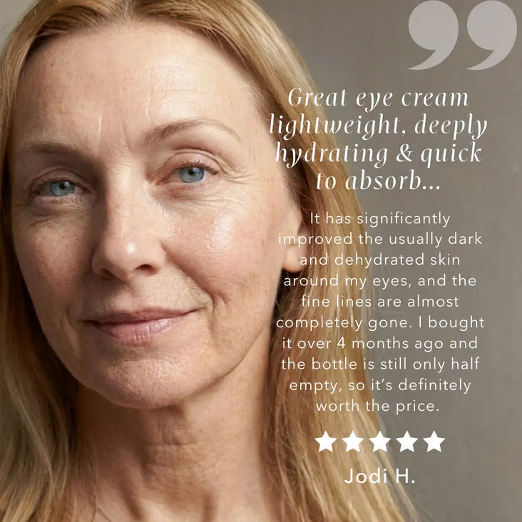 Customer review of Baie Botanique regenerating rose eye cream showing hydrated, refreshed-looking eye area