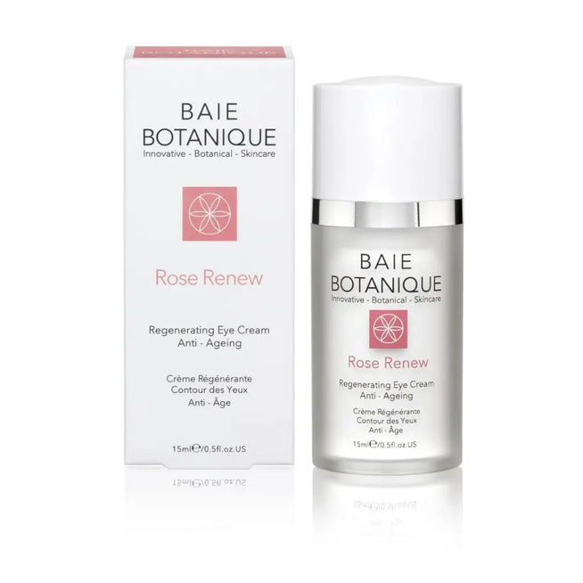 Baie Botanique regenerating rose anti-ageing eye cream packaging with bottle and box on white background