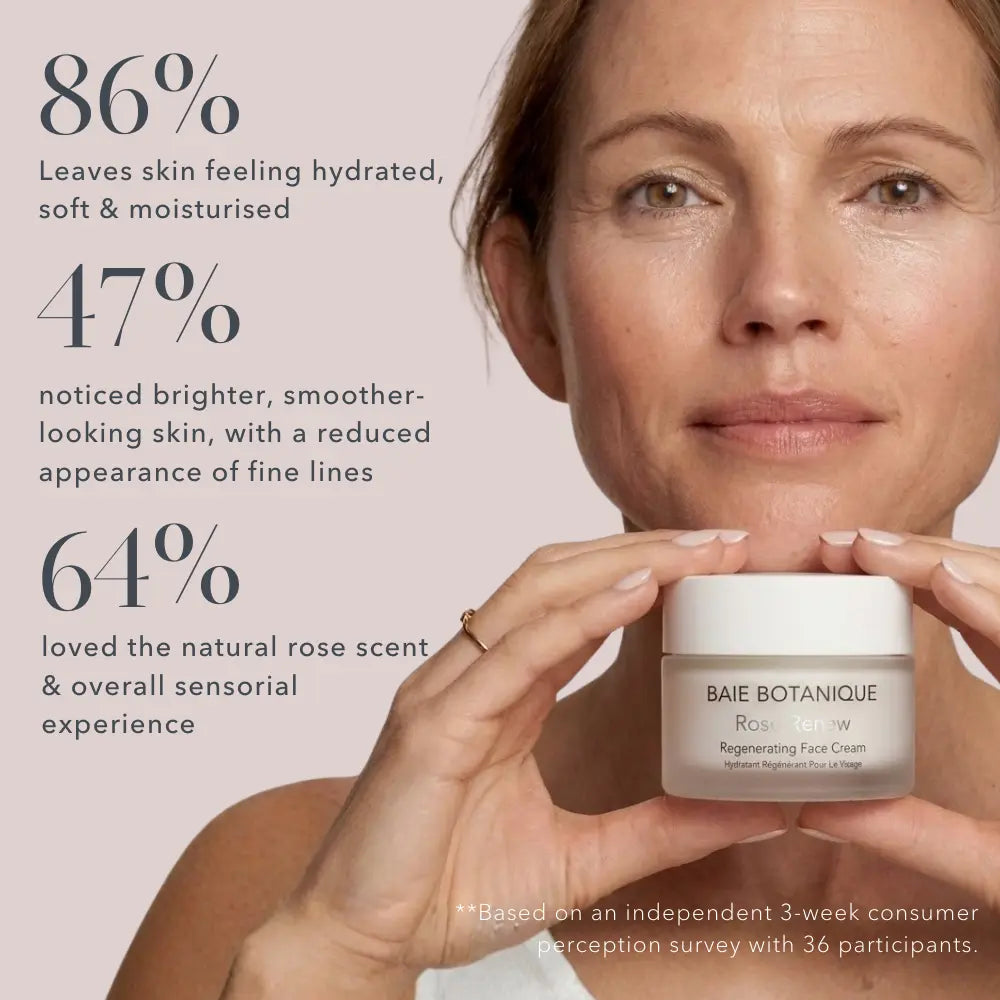 Woman applying Baie Botanique Rose Renew face cream organic daily moisturiser