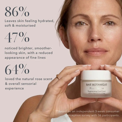 Woman applying Baie Botanique Rose Renew face cream organic daily moisturiser