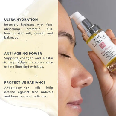 Woman applying Baie Botanique Rose Renew organic facial oil to skin