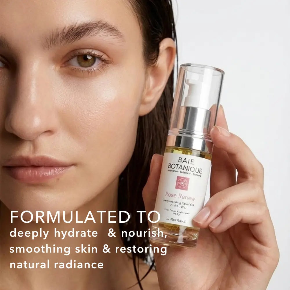 Benefits of Rose Renew regenerating facial oil for hydration, smoothness and glow