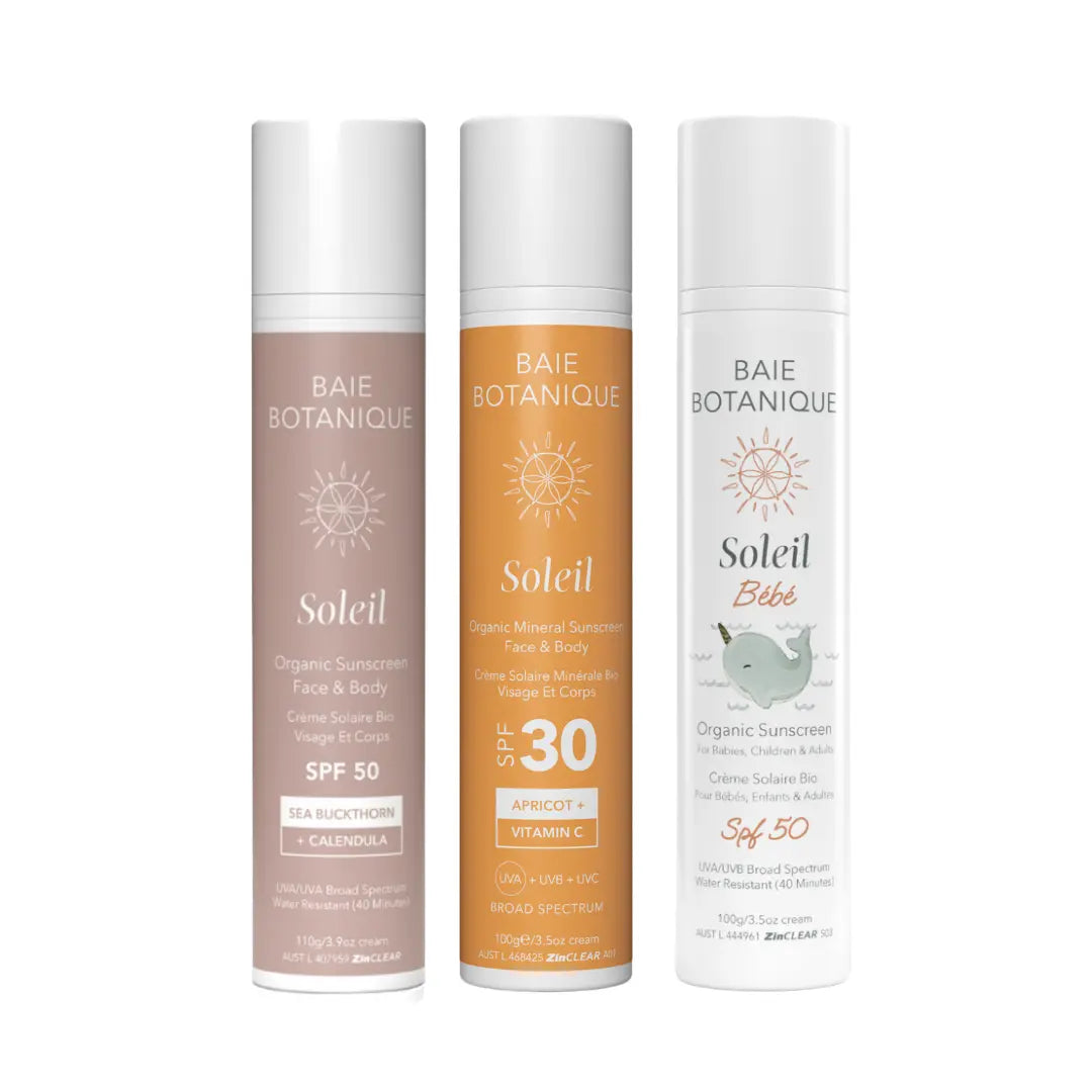 Family mineral sunscreen bundle featuring SPF 30, SPF 50 and baby SPF 50 bottles