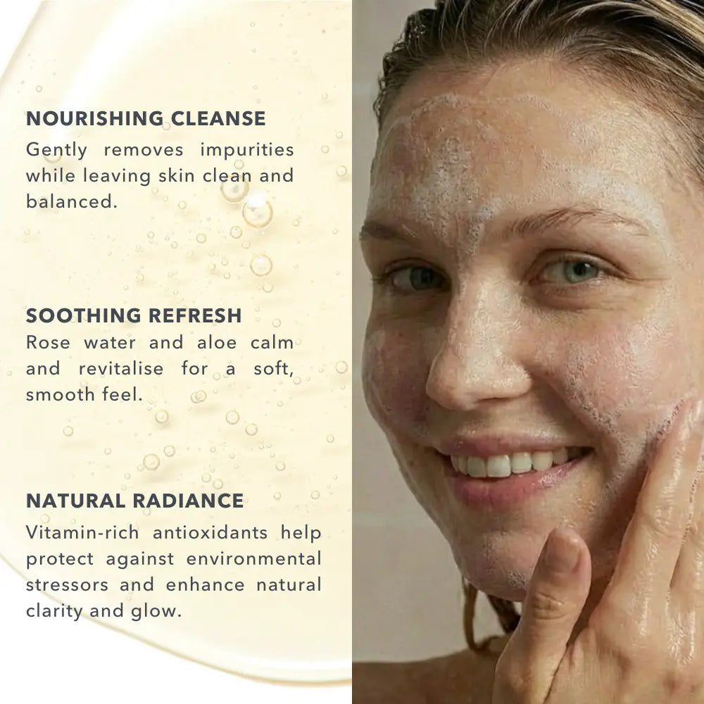 Model with clean, fresh skin demonstrating the gentle cleansing benefits of Baie Botanique regenerating rose face wash