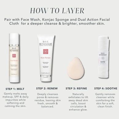 Step-by-step guide showing how to use Rose + Cupuaçu Enzyme Cleanser within a skincare routine for effective cleansing and balanced skin