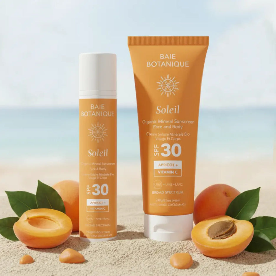 Face and body mineral sunscreen SPF 30 for outdoor sun protection with apricot ingredient
