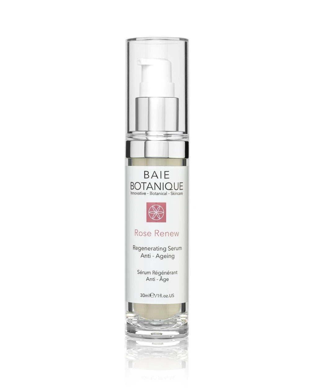 Baie Botanique Rose Renew pure hyaluronic acid serum bottle for organic anti-ageing regeneration.